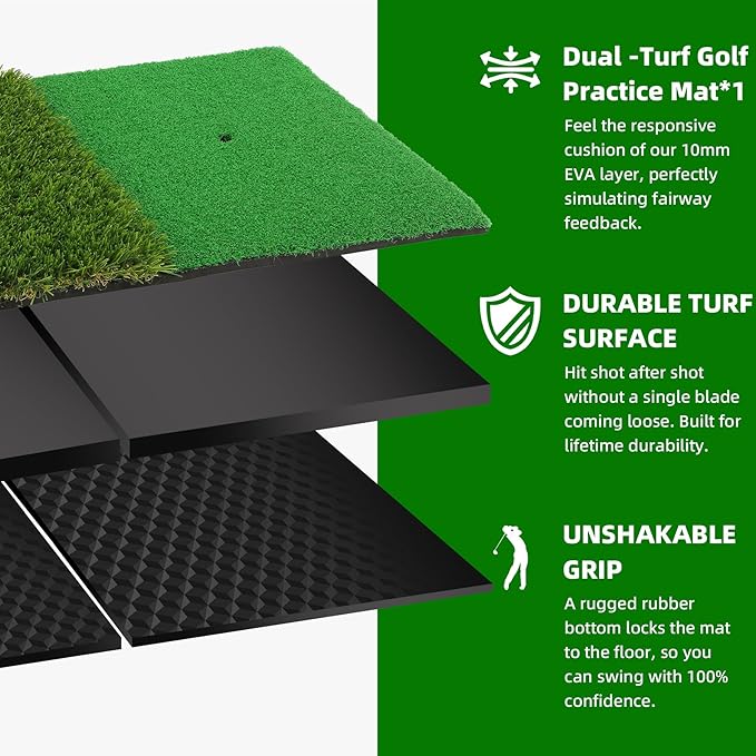 Golf Practice Mat Golf Hitting Mat for Swing, Putting & Chipping | Portable Golf Training Mat Indoor/Outdoor, Dual-Turf/Tri-Turf Golf Mat with 8 Tees