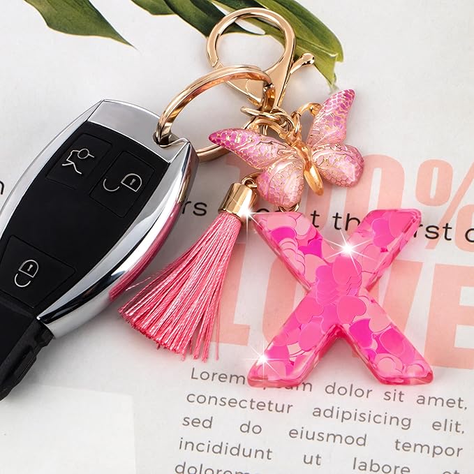 Suweibuke Colourful Cute Initial Letter Keychains for Women Girls with Tassel Butterfly, Charm for Purse Handbags Backpacks