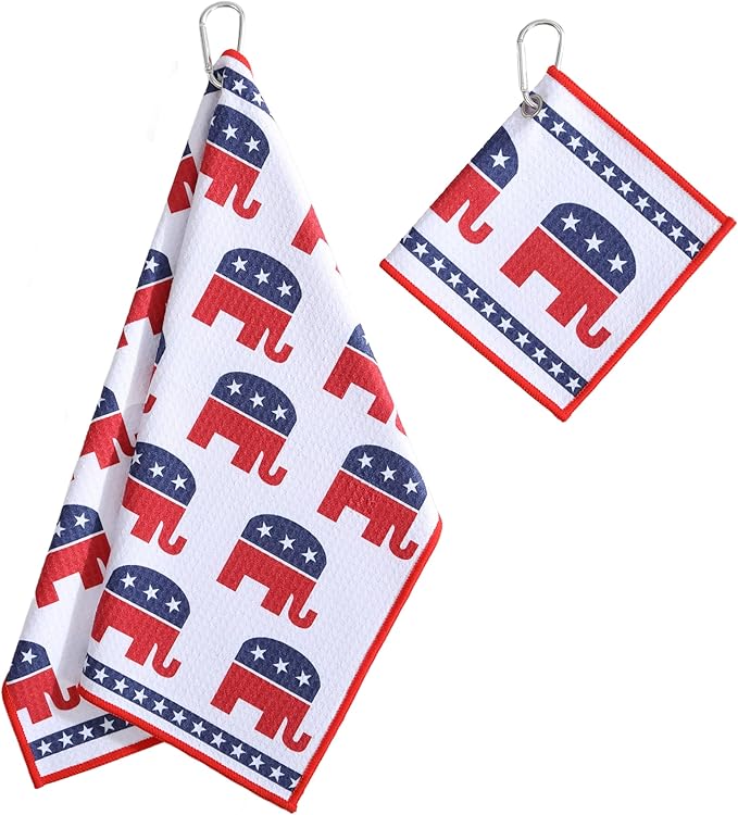 Microfiber Golf Towels for Golf Bags & Carts - Premium Weave Waffle & Ball Towels with Carabiner Clip, Essential Accessories for Men, Women and Kids, Golfer Gifts, Set of 2 (Elephant)