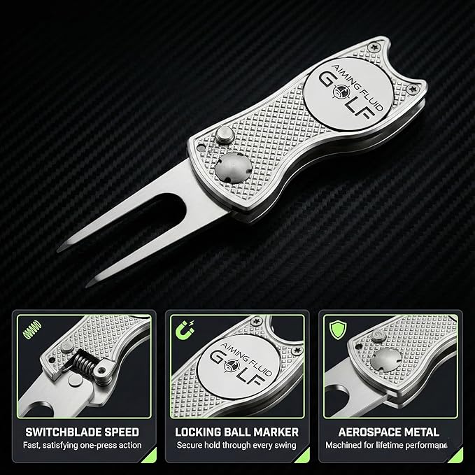 Golf Divot Repair Tool — 5-in-1 Golfing Ball Marker, Pitch Mark Repair, Putting Alignment, Club Tee, and Groove Cleaner, Accessory Metal Switchblade Design - Ideal Gift for Golfers