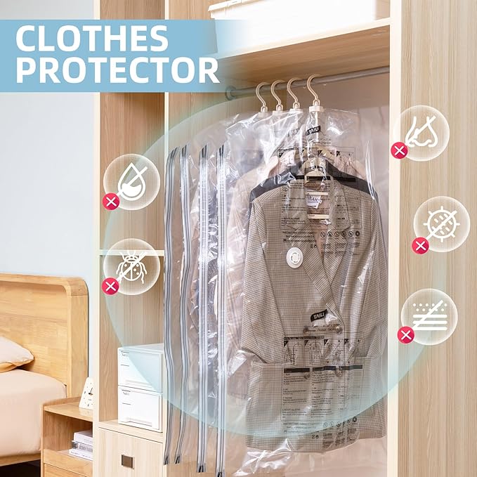 Hanging Vacuum Storage Bags with Electric Pump, 4 Pack (53 x27.5 inch), Vacuum Seal Bags for Clothing, Garment Storage for Short Jacket, Suits, Dresses, Closet Organizer Space Saving