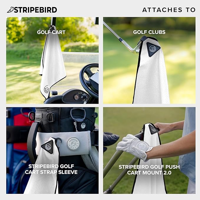 Stripebird - Magnetic Golf Towel (White) - Microfiber Golf Towel with Built-in Ultra-Strong Neodymium Magnetic Towel - 18" x 18" Golf Bag Towel