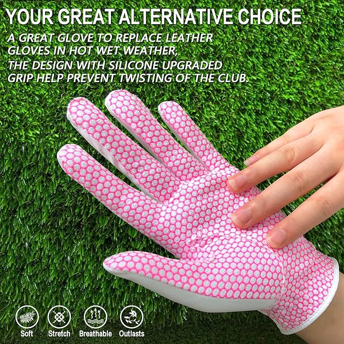 FINGER TEN Women’s Golf Gloves Ladies Left Hand Right Handed Golfer Value 6 Pack, All Weather Rain Grip Glove Pink Fit Small Medium Large XL
