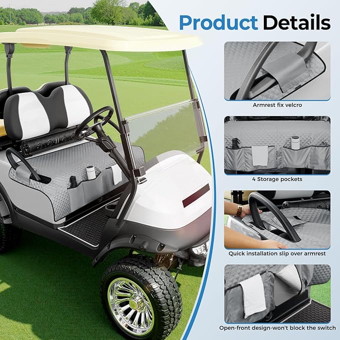 Tecoom Golf Cart Seat Covers, Universal Golf Cart Seat Towel Blanket with Armrest Strap 4 Pockets Non-Slip Bottom, Fits Club Car, EZGO, Yamaha, and More Front Seats, Protect Seats from Pet-Scratch Sun