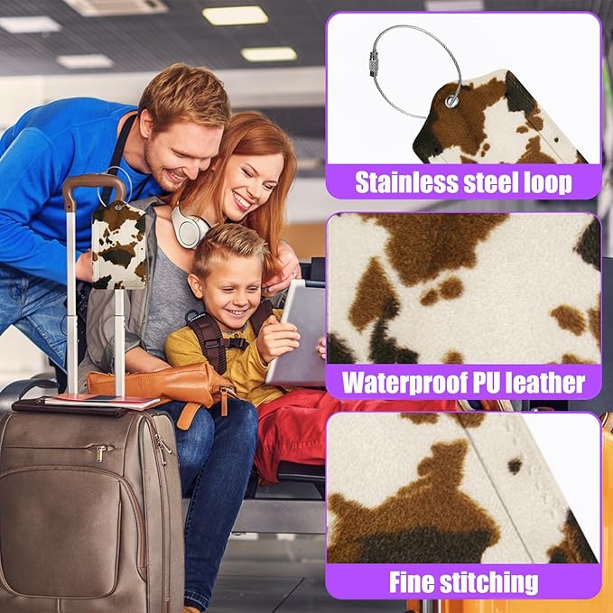 3 Pack Cowhide Brown Luggage Tags for Suitcase Animal Cow Skin PU Leather Travel Luggage Tag Privacy Cover ID Label for Women Men Baggage Backpack Handbag School Bag