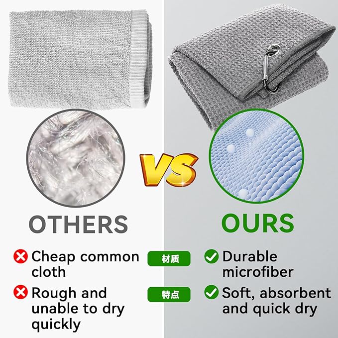 Aulock Golf Towel and Brush Set -16" X 24" Microfiber Towels with Carabiner Clip, Men Cleaning Kit with Golf Club Brush (2 Grey Towel + 1 Brush + Golf Divot Tool)