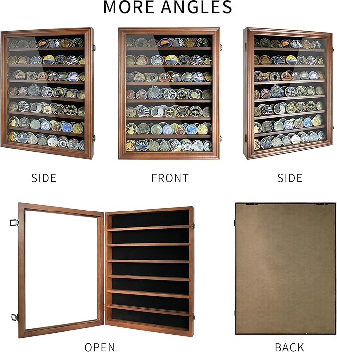 7 Rows Challenge Coin Display Case - Holds 100 Coins, Solid Wood Military Coin Holder Cabinet with HD Tempered Glass, Wall-Mountable Shadow Box for Collectibles, Medals, Casino Chips, Walnut