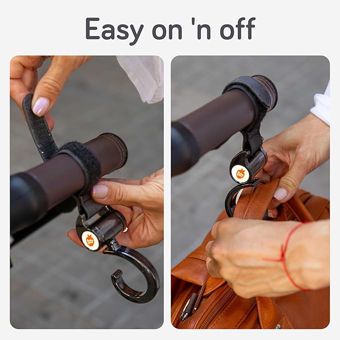 Baby Uma Stroller Hooks (2 Pack) - Open Stroller Hook with 360°-Swivel Neck & Extra Strong Strap, Easy On 'n Off & Universal, 11 lb Weight Capacity, Baby Travel Essential