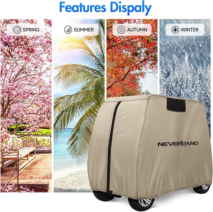 NEVERLAND Golf Cart Cover 4 Passenger - Waterproof Golf Cart Covers - Fits for Yamaha Golf Carts EZ GO Club Car - Outdoor Windproof Sunproof (Light Tan, Fit for 2+2/4 Passenger Cart)