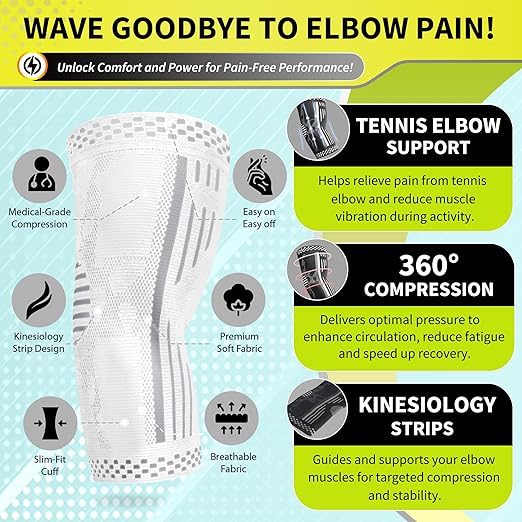 BLITZU Elbow Compression Sleeve for Tendonitis 2 Pack, Tennis Elbow Brace Support for Men and Women Golfers Elbow Pain Relief, Arthritis, Bursitis, Arm Brace for Workout, Weightlifting White L