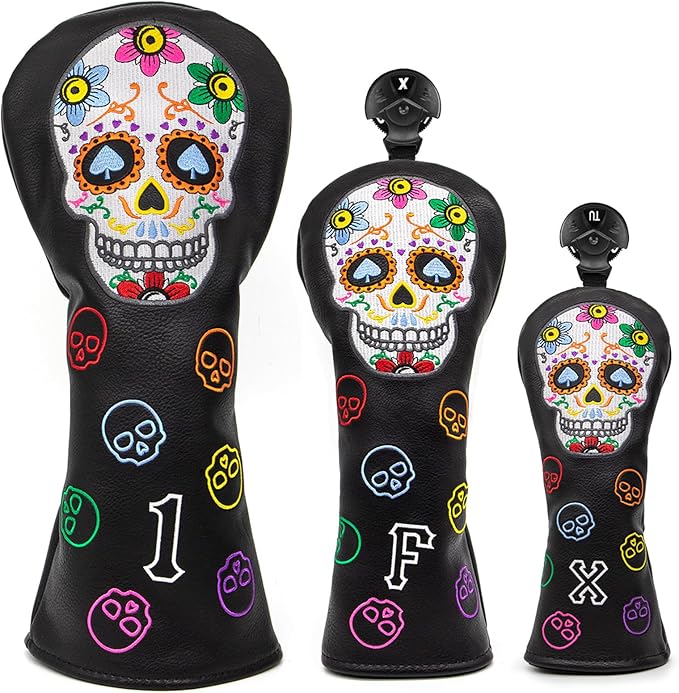 Montela Golf Club Covers,Colorful Skeleton Putter Cover Driver Covers Fairway Wood Headcover Hybrid Cover Leather Blade Putter Headcover Mallet for Brand