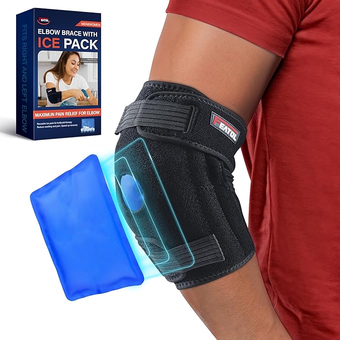 FEATOL Elbow Brace with Ice Pack for Tendonitis and Tennis Elbow-Pain Relief for Cubital Tunnel, Ulnar Nerve Entrapment, Bursitis-Reusable Ice Pack Brace for Men and Women, Small