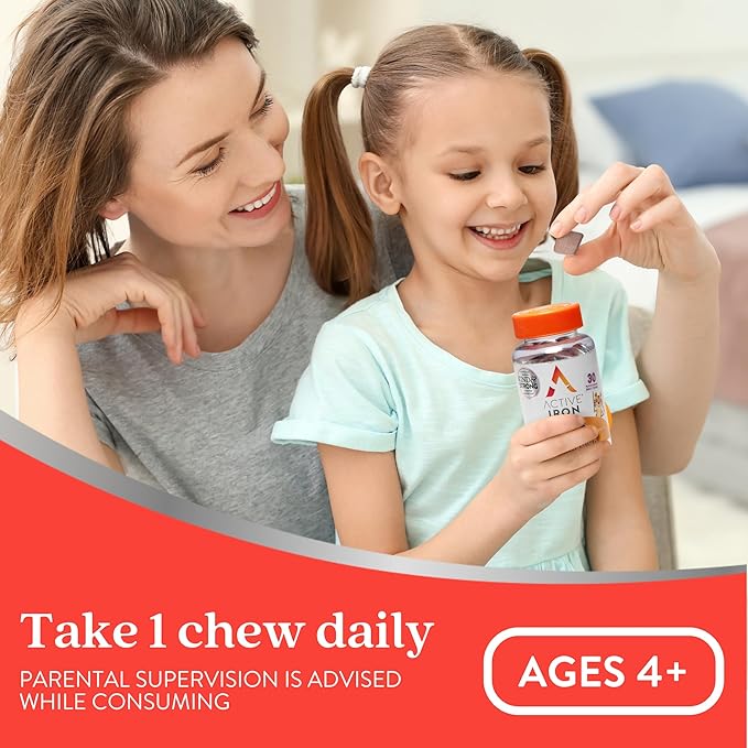 Active Iron Supplement 7mg + Vitamin D for Kids – Increases Iron & Energy Levels – Gentle, Non-Constipating Blackcurrant Chews – Highly Absorbed – Supports Growth & Immune Health – 30 Chews
