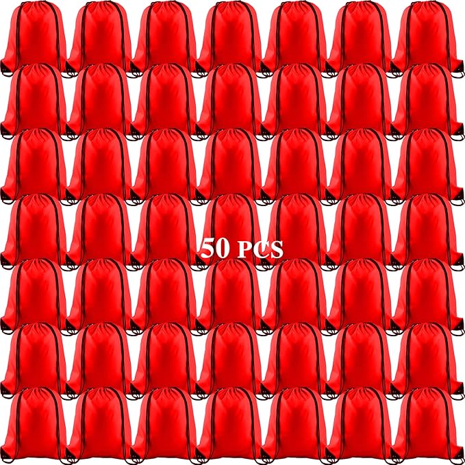 KUUQA 50Pcs Red Drawstring Backpack Bag Sack Drawstring Bags Bulk String Bags Storage Bags for Sport Gym Traveling