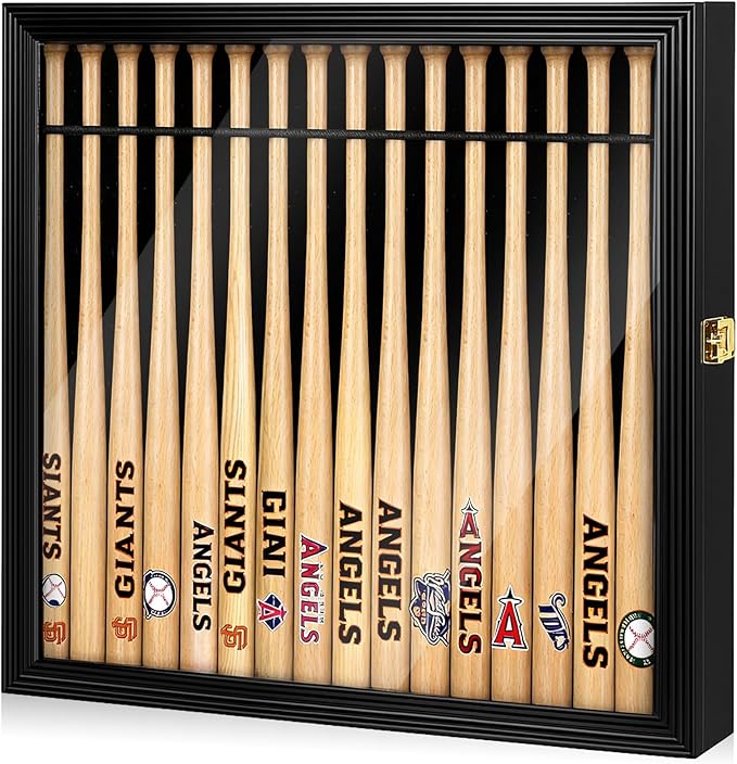 18" Mini Baseball Bat Display Case Wall Mounted Cabinet Holder Rack UV Protection Display Shadow Boxes with Acrylic Transparent Door Holder Holds up to 16 Bats for Collector Memorabilia Gift