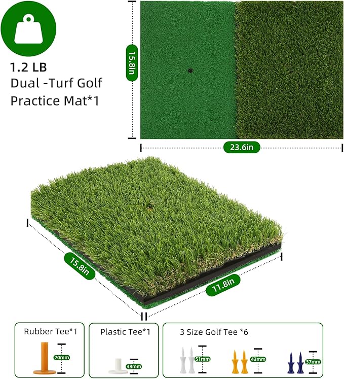 Golf Practice Mat Golf Hitting Mat for Swing, Putting & Chipping | Portable Golf Training Mat Indoor/Outdoor, Dual-Turf/Tri-Turf Golf Mat with 8 Tees