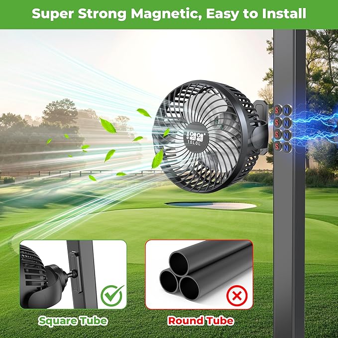 10L0L 2 Pack Magnetic Golf Cart Fans Rechargeable Big Battery Powered Portable Fan,3 Speeds/2 LED Light/56 Hrs Runtime/360°Rotatable with Magnetic Base,USB & Type C Ports,Summer Golf Cart Accessories