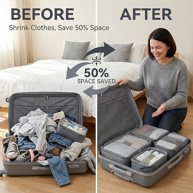 6 Set Compression Packing Cubes for Travel, Large Medium Small Luggage Organizers, Storage Bags for Clothes and Essentials (6 Pack, Charcoal Gray)