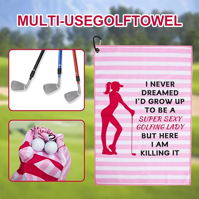 Women Golf Towel for Balls & Clubs with Clip,Pink Funny Cleaning Towel,Golf Accessories Golf Gifts for Ladies Grandma Mom Sister Golfer Lover Valentines Day.I'd Grow Up to Be A Super Sexy Golfing Lady