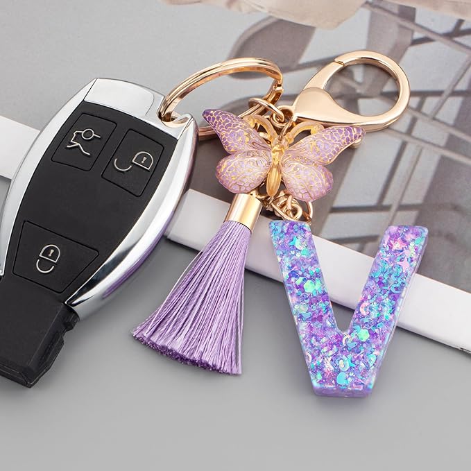 Suweibuke Colourful Cute Initial Letter Keychains for Women Girls with Tassel Butterfly, Charm for Purse Handbags Backpacks
