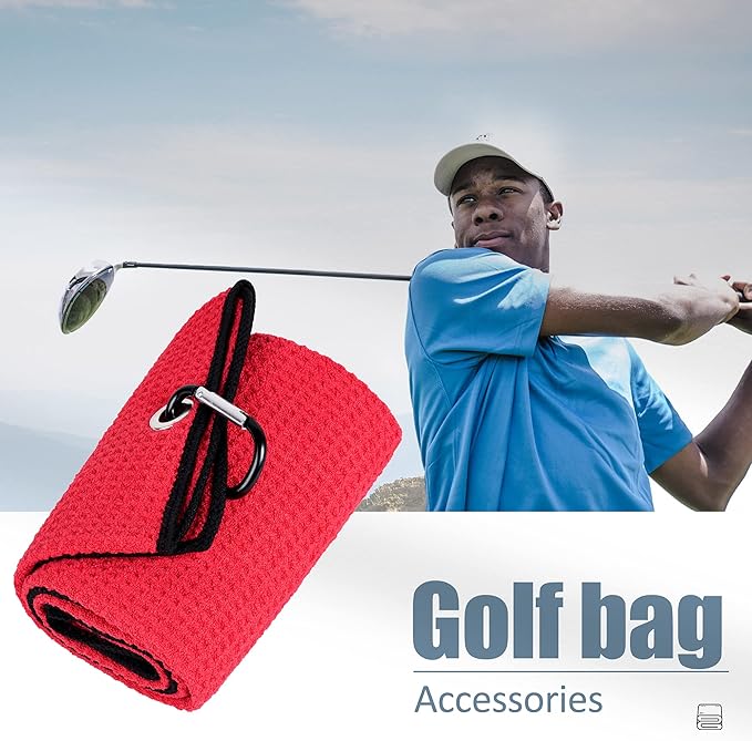 Mile High Life Tri-fold Golf Towel | 16" X 24" | Premium Microfiber Fabric | Waffle Pattern | with Heavy Duty Carabiner Clip | for Men and Women (Red)