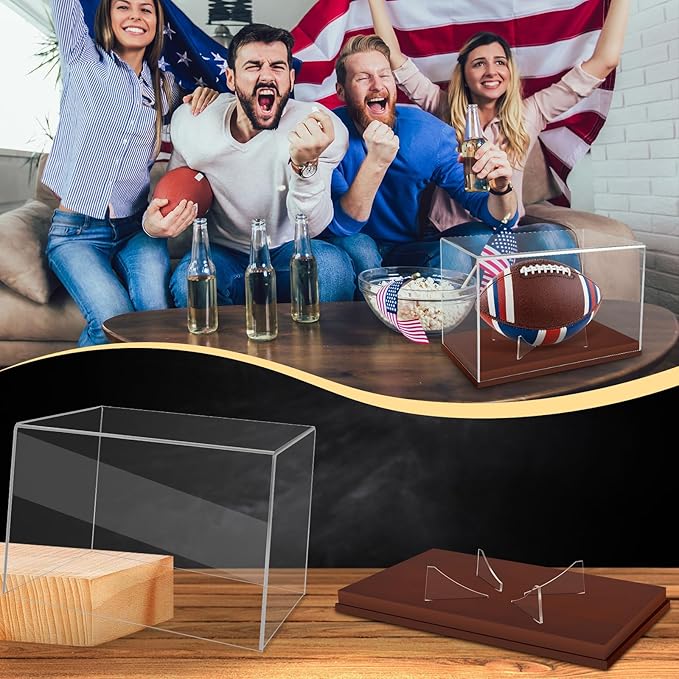 Full Size Football Display Case, Acrylic Football Case Display Case Autographed Football Holder, Acrylic Transparent Box with Wooden Support and Solid Wood Base