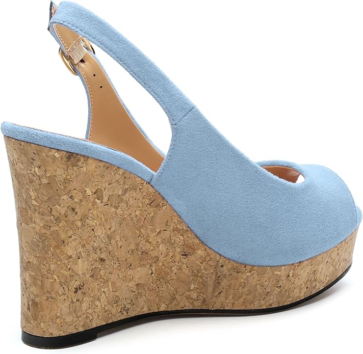 Womens Wedge Platform Sandals Peep Open Toe Slingback Buckle High Heel Dress Shoes Pumps Suede 3.94 Inch