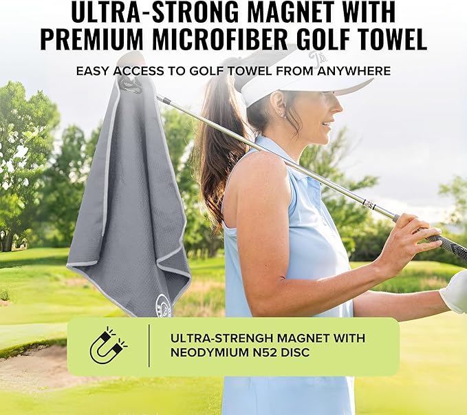 Stripebird - Magnetic Golf Towel (Gray) - Microfiber Golf Towel with Built-in Ultra-Strong Neodymium Magnetic Towel - 18" x 18" Golf Bag Towel