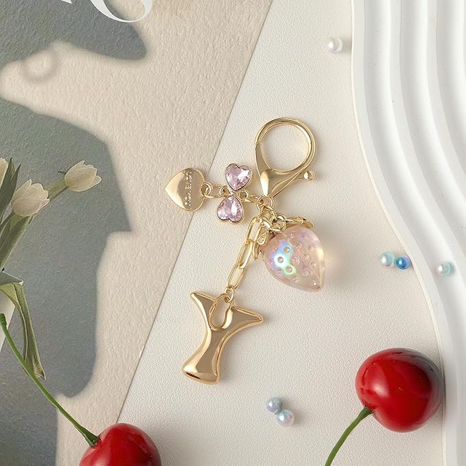 Snycler Bubble Initial Keychain with Strawberry & Bow- Gold Letter Bag Charms for Women, Cute Purse Handbag Accessories