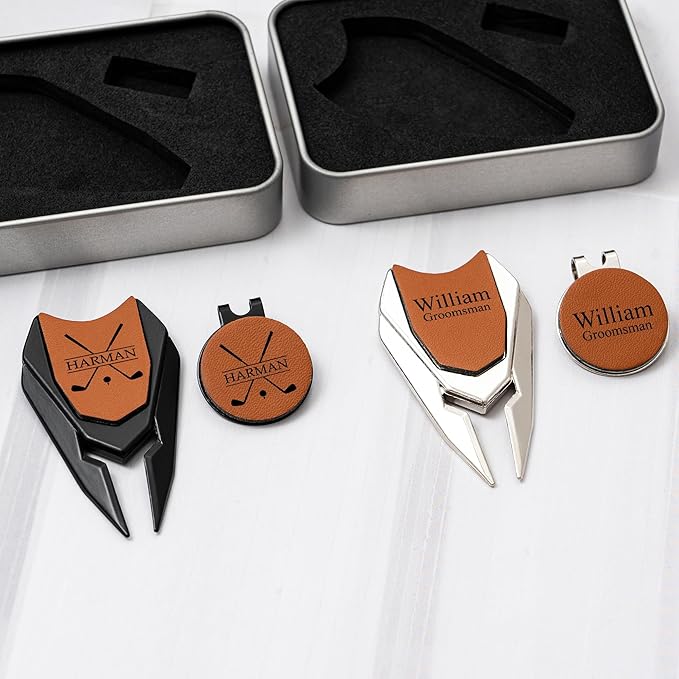 Personalized Leather Divot Repair Tool Set, Custom Golf Ball Marker for Men, Engraved Golf Turf Tools Gift for Dad Golfer