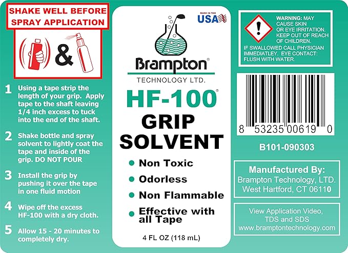 Brampton HF-100 Premium Golf Grip Solvent for Regripping Golf Clubs and Golf Grip Repair - Shake and Spray Golf Grip Solution - Non-Toxic, Non-Flammable, and Odorless Golf Grip Solvent
