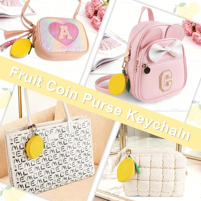 XSUIOY Orange Fruit Coin Purse Keychain Bag Charm, Mini Leather Coin Purse & Pouch Airtag Holder Keychain, Kawaii Bag Charms for Handbag, Tote, Keys, Airtag, Gifts for Girls & Women