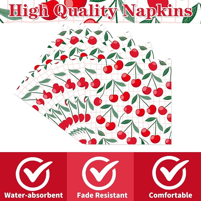 Cherry Party Napkins Decorations, 50PCS Cherry Themed Birthday Napkins Supplies, Disposable Coquete Decor for Wedding Baby Shower Party Table Size 6.5 Inch