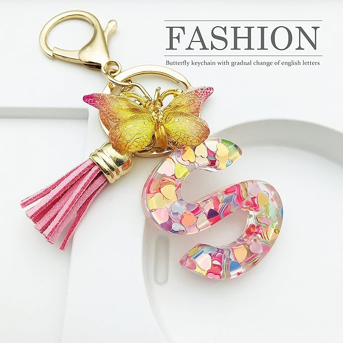 JINGUAZI Initial letter Keychains for Women Tassel Butterfly Pink Purple Cute Car Keychain for Wallet Backpack bag charm