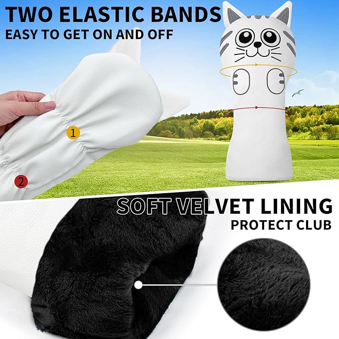 Golf Kitty Head Cover Golf Club White Leather Headcovers 1pc/4pcs Set Fits Driver Fairway Wood Hybrid Utility Putter Iron Wedge Headcover.