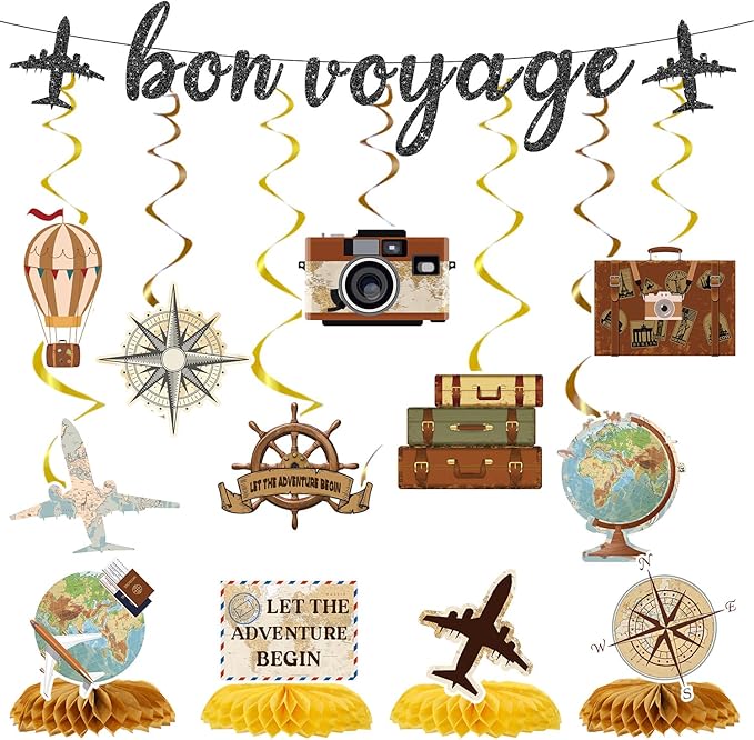 Bon Voyage Party Decorations - 13PCS Travel Themed Party Decorations Glitter Bon Voyage Banner Hanging Swirls Let the Adventure Begin Honeycomb Centerpieces Decor Going Away Party Supplies