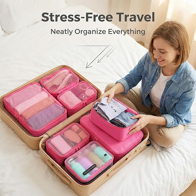 6 Set Compression Packing Cubes for Travel, Large Medium Small Luggage Organizers, Storage Bags for Clothes and Essentials (6 Pack, Rose Red)