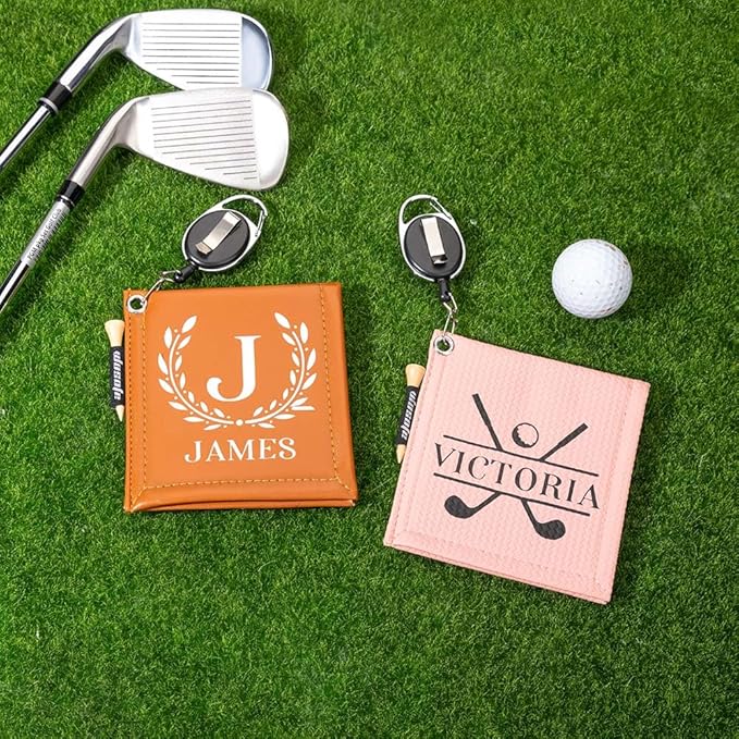 Custom Golf Ball Towels with Retractable Clip Leather Personalzied Golf Balls Clean Clubs Washer Towel Golf Gifts for Women Men Size 4.7×4.7INCH
