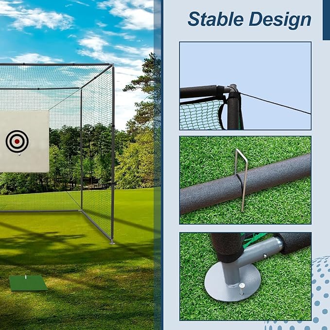 10x10x10 FT Golf Practice Hitting Net Cage with Metal Frame & Target - Indoor Outdoor Portable Training Net for Driving Chipping - Includes Mat & Accessories