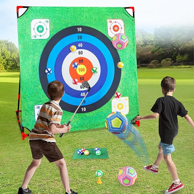 Golf Chipping Game with Stand - 4 in 1 Battle Golf Game with 16 Sticky Balls, Putting Mat, 8 Bean Bags, 2 Soccer Balls, 6 Axes, Indoor Outdoor Yard Games for Chipping Practice for Dads Golfers
