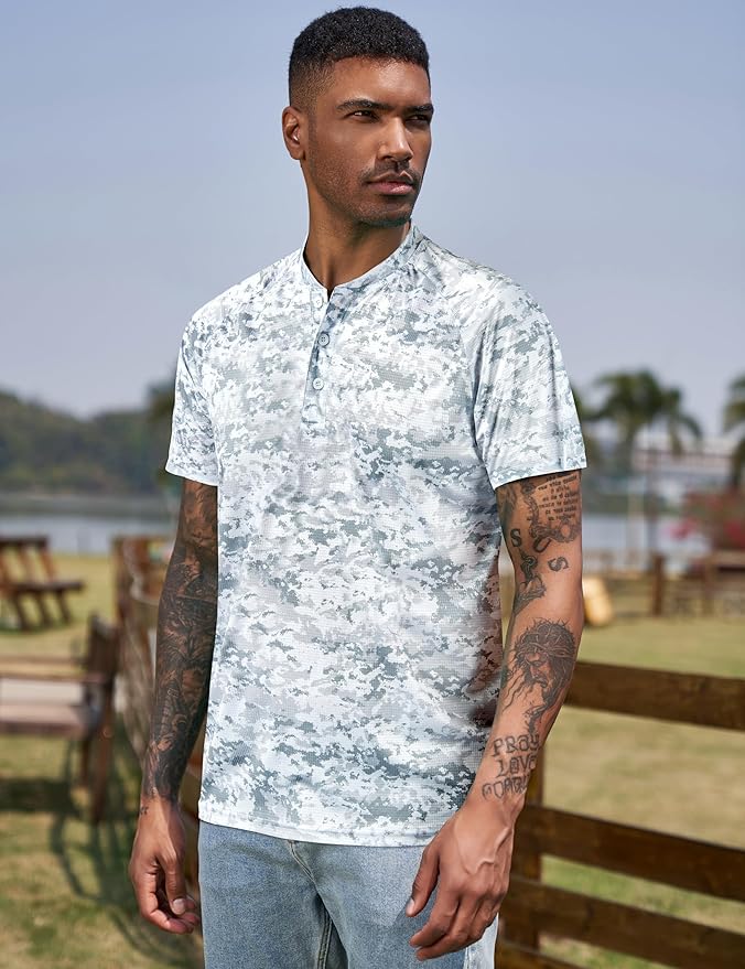 TAPULCO Mens Collarless Golf Shirts Short Sleeve Dry Fit Stretch Casual Breathable Lightweight Tshirts