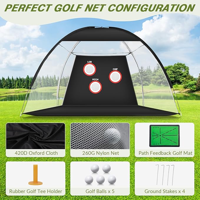 Golf Net, 10x7FT Golf PracticeNet with Swing Mat, Golf Hitting Net for Backyard Driving, Indoor/Outdoor Training Chipping Aid Nets with Targets, Gifts for Men/Dad/Him