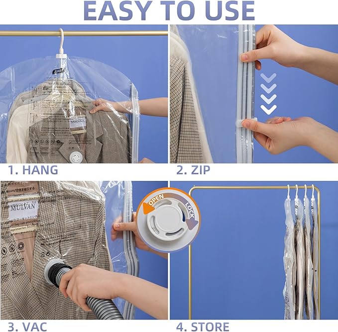 Hanging Vacuum Storage Bags, 4 Pack (41.3 x27.6 inch), Vacuum Seal Bags for Clothing, Space Saver Garment for Short Clothes, Jacket, Suits, Dresses, Closet Oragnization and Storage