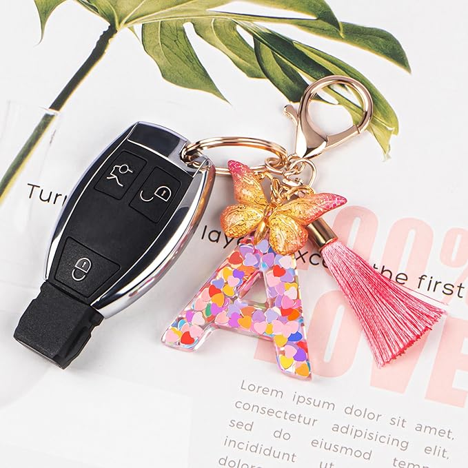 Suweibuke Colourful Cute Initial Letter Keychains for Women Girls with Tassel Butterfly, Charm for Purse Handbags Backpacks