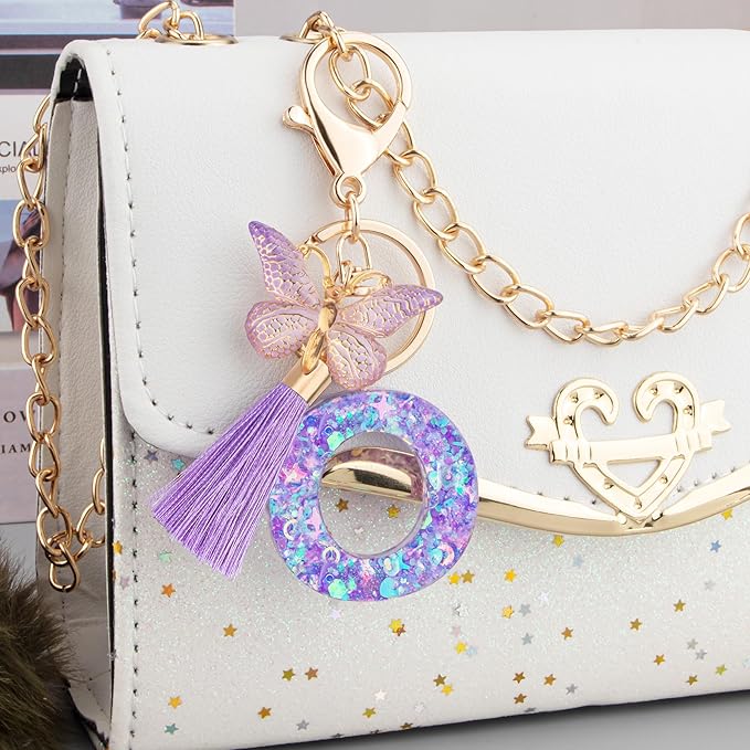 Suweibuke Colourful Cute Initial Letter Keychains for Women Girls with Tassel Butterfly, Charm for Purse Handbags Backpacks