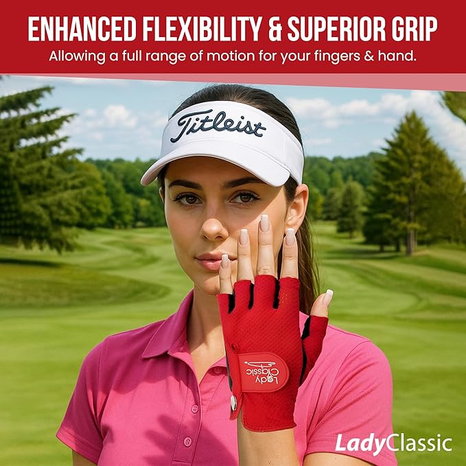 Mesh Half Golf Glove for Women – Premium Cabretta Leather Palm, Breathable Mesh Back, Half-Finger Design Ladies Golf Glove for Enhanced Grip & Comfort