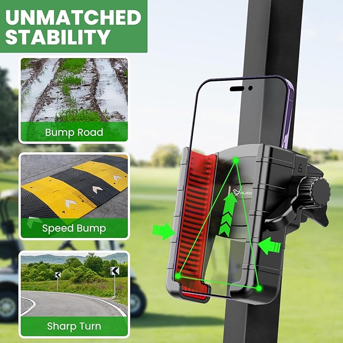 Upgraded Golf Cart Phone Mount Holder Compatible with EZGO/Club Car, 360° Rotatable One-Handed Pick & Place Universal Compatible with iPhone Galaxy Google Pixel, Golf Cart Accessories