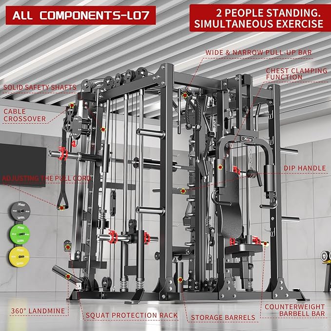 Smith Machine，Multi-Function Squat Rack Power Cage with Cable Crossover System,with Optional Weight Bench, Olympic Barbell Weight Set, for Home Gym