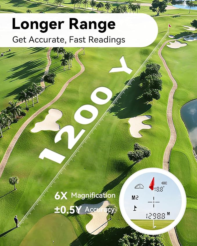 Golf Rangefinder with Slope, 1200 Yards Laser Range Finder Golfing with External Screen, Flag Pole Locking Vibration, 6X Magnification, Golf Accessories for Men