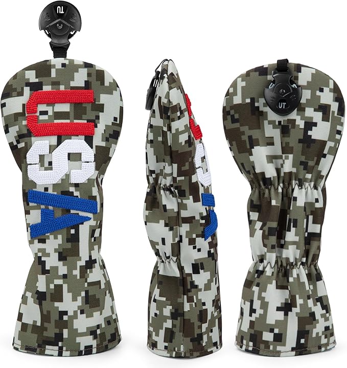 Golf Club Head Covers, Camouflage USA Design Golf Driver Covers, Fairway Wood and Hybrid Head Covers with Interchangeable Tags, Durable Canvas Material Golf Club Covers
